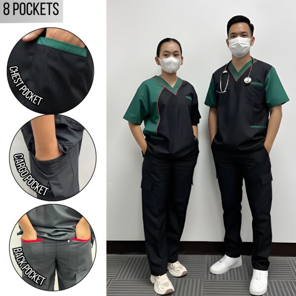 V- Neck Curve Line Scrub suit  8 Pocket & Garterized/Drawstring Waist Thumbnail